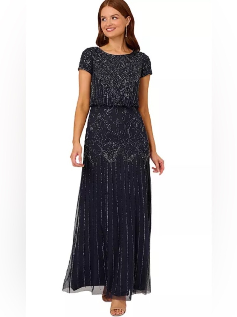 Adrianna Papell Women's Beaded Short-Sleeve Sheer-Overlay Gown 10 Petite FLAW